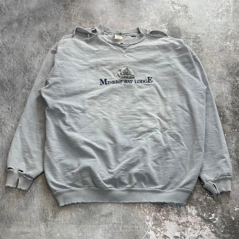 Vintage 90s Distressed Light Blue Sweatshirt! Miners Bay Lodge. Size XL